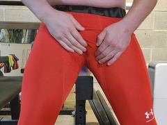 Drenching and urinating in red leggings, a solo adventure with anal pleasure and toy play