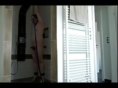 Slave echrisi tied up with dildo in shower with cum licking