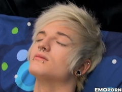 Blond Austin Mitchell jerks off massive cock before blowing off cum