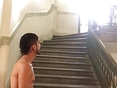 Striptease and jerkoff on the stairs