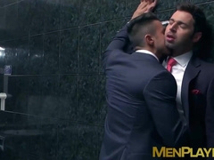 Tatted muscle businessmen pulverize doggy style during office hours