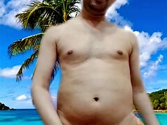 Naked boy playing with his big black cock on the virtual beach.