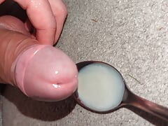 Super close up wank, edge and leak multiple loads onto a spoon and swallow own sperm ruined orgasm uncut veiny cock cum