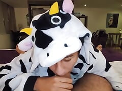 In a cow pijama sucking and riding my big uncut cock until he earns my hot milk