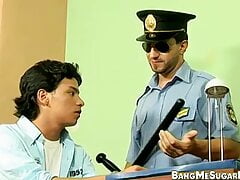 Uniformed gay policeman fucked by adorable Latino twink