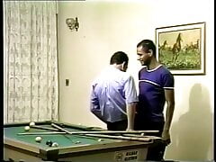 Sexy guy leans over pool table and takes hard cock up ass