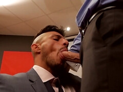 Tattoed pervert with a big cock penetrates a businessman