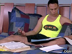 Horny college twink stroking his big cock