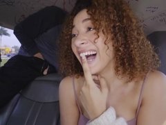 Babe with curly hair is sucking cock