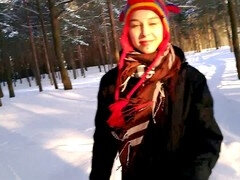 First-time public oral pleasure in the winter cold
