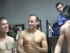 Tattooed young man in a dorm room orgy