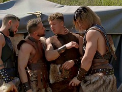 Viking jocks fuck each other bareback in outdoor orgy