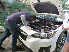 車, バック, 毛深い, ラティーナ, アウトドア, オマンコ, 濡れ