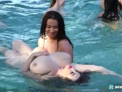 Playa, Rubia, Morena, Grupo, Lesbiana, Desnudo, Piscina, Adolescente