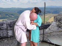 Elderly man passionately ravages woman with huge natural breasts