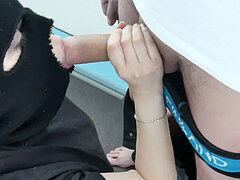 素人, デカチン, フェラチオ, 自家製, マスク, 公共, フェラする, ヤリマンの