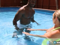 Brandi Jaimes takes on a massive black cock in poolside doggy-style with jax black