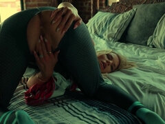 Blonde MIlF wearing ripped pants plays with her soaking wet pussy