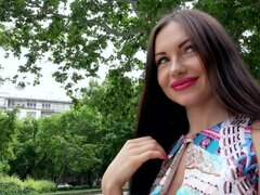 For cash Russian beauty sucks stranger's dick in forest