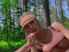 Blonde in a slutty visor gets fucked outdoor, anal mode