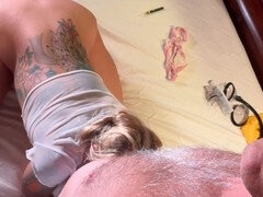 Amateur, Blonde, Blowjob, Creampie, Homemade, Milf, Pump, Tattoo