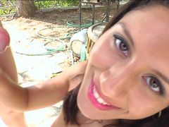 Karen Fisher stroking lubed schlong