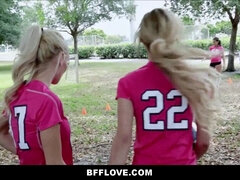 Ripping off two guys after a soccer game: Petite teen Riley Star and her BFF team up for a wild group fuck