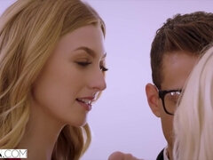 ブロンド, フェラチオ, ハードコア, なめる, オマンコ, 馬乗り, 三人