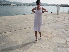 Russian mom in white see thru dress - naked on public in Spain