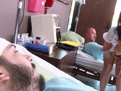 Whore in nurse uniform does her slutty job in a best way