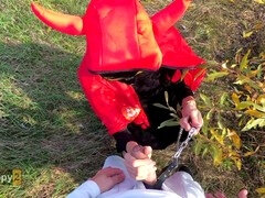 Halloween, red devil sucks, caught dick