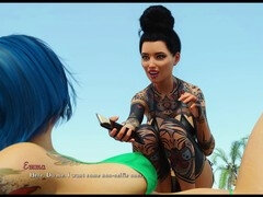 Blue-haired hottie in a swimsuit flaunts her huge tits and curvy ass