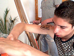 elderly grannie and men teen threesome