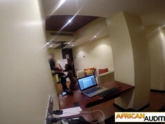 Ebony teen gets on her knees for dick