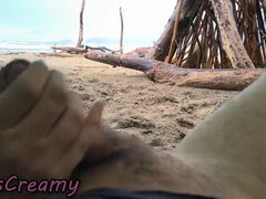 Miss Creamy Teacher Outdoor Handjob Under Umbrella in Rain - Big Cock Cumshot on Beach
