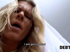 Watch blonde bride Claudia Mac get caught in the act & pay off loan shark debt with her tight pussy