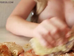 Amateur Girl Ritan Fucks Burger with Big Boobs - Fast Food Fetish Cum on Food