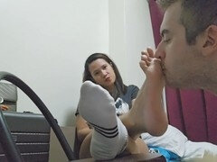 Foot slave worships my Chinese socks and enjoys some tasty cum