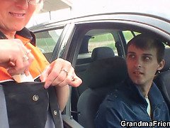 Naughty blonde granny enjoys outdoor threesome with strangers in fields