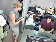 Bossy blonde office bitch dominates and humiliates workers