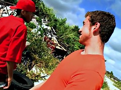 Bushy black twink outdoor fucked by white top for cash