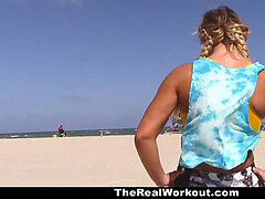 TheRealWorkout - chesty blondie rides Trainer After The Beach Session
