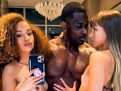 お尻, フェラチオ, バック, 黒人, 女 人男 人, 驚き, ティーン, 三人