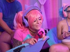 Cute gamer chicks Leana Lovings and Krissy Knight getting fucked in turn