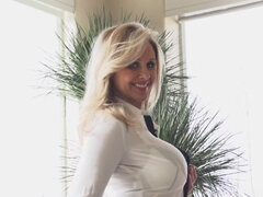 Milf in a blouse and skirt seduces his dick for hot sex