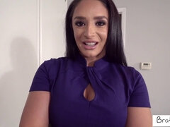 Stepson gets silenced by busty brunette MILF as she seduces stepson with juicy ass