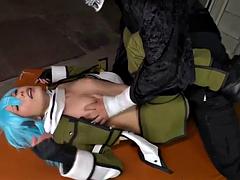 Slender cosplay beautiful girl climaxes in a continuous erotic face in the intense missionary position of a masked man