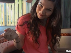 Brunette follows a stranger into his car to make hard sex