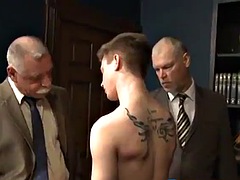Naughty old daddies pound young twink hardcore in threesome