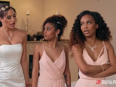 Interracial girls help bride to calm down before wedding